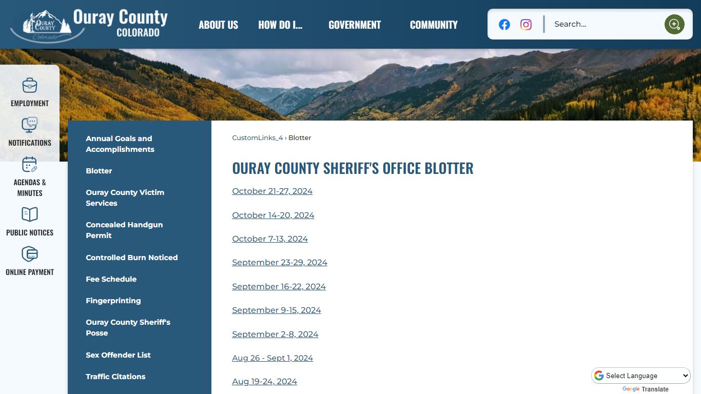 Ouray County Sheriff's Office Blotter